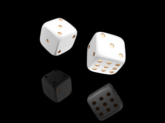 Casino white dice on black background with reflection. Online casino dice gambling concept isolated on black. 3d dice vector illustration