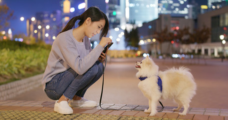 Poster - Woman take photo on her dog in city at night