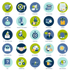 Wall Mural - Set of flat design icons for business, pay per click, creative process, searching, web analysis, time is money, on line shopping. Icons for website development and mobile phone services and apps.