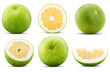 Collection sweetie citrus fruit, whole, cut in half, slice