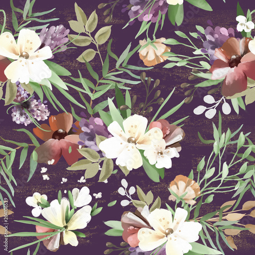 Stoffe zum Nähen Schön, Vintage, hand bemalte Öl texturiert Wald, Wald Wildblumen, nahtlose Blumenmuster mit goldenen Glitzer, Grunge Texturen auf dunklem Hintergrund