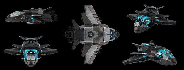 Poster - Futuristic spacecraft collection isolated on black background 3D rendering