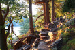 Beautiful Wisconsin summer nature background. Ice age hiking trail and stone stairs in sunlight during sunset hours. Devil's Lake State Park, Baraboo area, Wisconsin, Midwest USA.