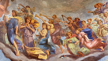 REGGIO EMILIA, ITALY - APRIL 12, 2018: The Fresco Of Angels With The Music Instruments In Cupola Of Church Basilica Di San Prospero By  C. Manicardi, G. Ferrari And A. Lugli (1884-1885).