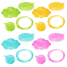 Set, Collection Of Watercolor Vector Speech Bubbles, Balloons, Clouds And Oval Brush Stroke Frames With Rough, Uneven Edges And Watercolour Stains Texture. Pink, Yellow, Green, Blue Colors.