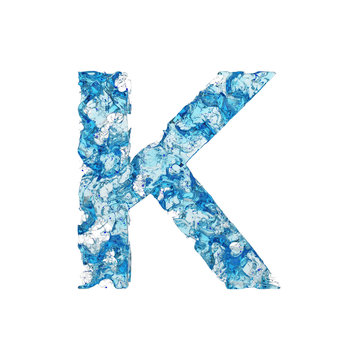 Alphabet letter K uppercase. Liquid font made of blue transparent water. 3D render isolated on white background.