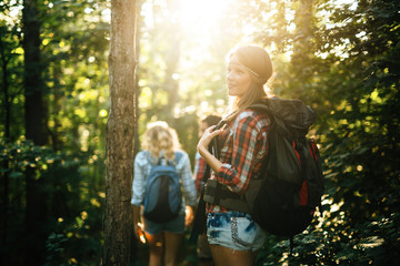Wall Mural - people trekking in forest