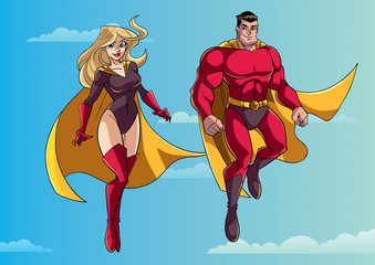 Poster - Illustration of happy and smiling superhero couple, flying high in the sky. 