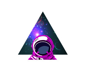 Sticker - abstract poster with astronaut in open space and triangle shape. vector illustration.