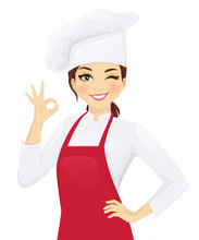 Confident Chef Woman Gesturing Ok Sign Vector Illustration