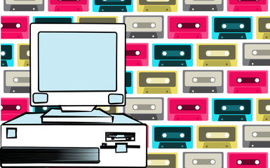 Poster - Old retro vintage antique hipster obsolete stationary personal computer with a system unit and a flop from below on a background of multicolored music audio cassettes. illustration