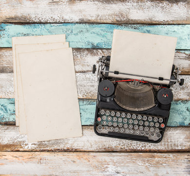 Antique typewriter used paper sheets Flat lay still life