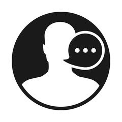 black white round icon of a talking person