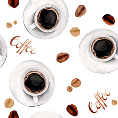 Watercolor illustration of porcelain coffee cup and plate pattern with dark brown coffee beans and stain lettering isolated on white background