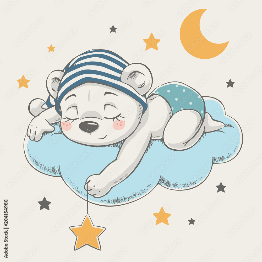 Cute dreaming bear cartoon hand drawn vector illustration. Can be used ...
