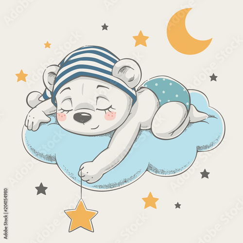Fototapeta na szkło Cute dreaming bear cartoon hand drawn vector illustration. Can be used for t-shirt print, kids wear fashion design, baby shower celebration greeting and invitation card.