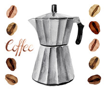 Coffee Maker Watercolor Illustration With Brown Beans And Hand Lettering Set	