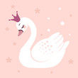 Cute princess swan on pink background cartoon hand drawn vector illustration. Can be used for t-shirt print, kids wear fashion design, baby shower celebration greeting and invitation card.