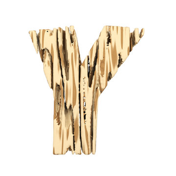 Alphabet letter Y uppercase. Wood font made of brown and yellow rough pine. 3D render isolated on white background.