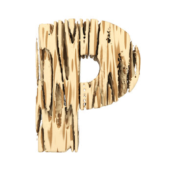 Alphabet letter P uppercase. Wood font made of brown and yellow rough pine. 3D render isolated on white background.