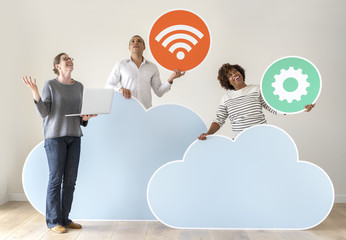 Sticker - Happy people with cloud and technology icons