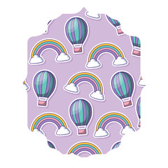 Sticker - arabic frame of hot air balloon and rainbow pattern over white background, vector illustration