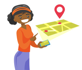 a woman uses augmented reality to get directions on a map with a pin sign. augmented technology inco