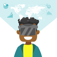 Wall Mural - A black man in virtual reality headset with a map and data projected. Concept of virtual reality technology, and future technology development. Vector cartoon illustration isolated on white background