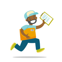 Wall Mural - A black man courier runs to deliver a package. There are box and papers to sign in courier's hands. Fast delivery service concept. Vector cartoon illustration isolated on white background.