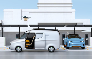 Wall Mural - Drone takes off from delivery van to delivering parcel. Last one mile concept. 3D rendering image.