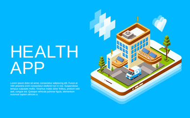 Fototapete - Vector isometric online medicine, telemedicine health app poster design template on blue background. Illustration with hospital building with emergency vehicle on smartphone screen.