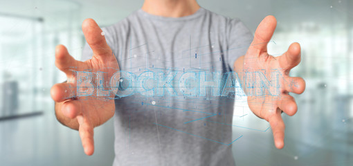 Poster - Man holding a Blockchain title isolated on a background