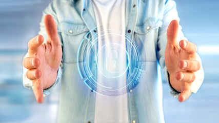 Poster - Businessman holding a Shinny technologic locker security button  - 3d render