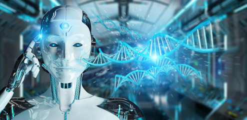 Aufkleber - White woman cyborg scanning human DNA 3D rendering