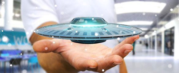 Poster - Businessman with retro UFO spaceship 3D rendering