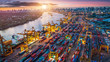 © Travel mania - Logistics and transportation of Container Cargo ship and Cargo plane with working crane bridge in shipyard at sunrise, logistic import export and transport industry background