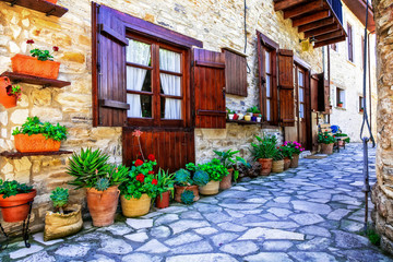 Wall Mural - Beautiful floral streets and houses of old traditional villages of Cyprus. Lefkara