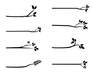 black vector tree branch silhouettes with leaves for graphic design, backgrounds and greeting cards