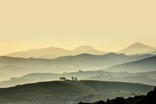Tuscany Landscape With Hills At Sunset, San Quirico D' Orcia, Val D' Orcia, Tuscany, Italy, Europe