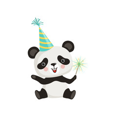 Wall Mural - funny little panda sitting on floor and holding sparkle stick. cartoon bamboo bear in party hat. fla