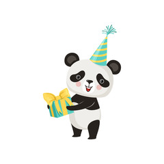 Wall Mural - cute panda in party hat with gift box in paws. adorable bamboo bear with pink cheeks. flat vector de