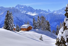 Winter Landscape With Deep Snow-covered Chalets, In The Back Summit Of Dom, 4545m, And Matterhorn, 4478m, Riederalp, Aletsch Area, Upper Valais, Valais, Switzerland, Europe