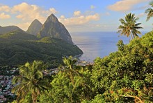 Tropical Landscape With View Of The Village And The Two Pitons, Gros Piton 770m And Petit Piton 743m, Early Morning Sun, Soufriere, St. Lucia, Little Antilles, West Indian Islands, Caribbean Sea