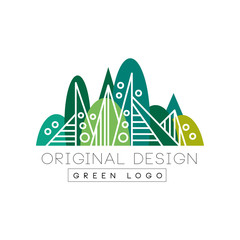 Wall Mural - Green logo original design, summer forest, eco park or city garden emblem in linear style vector Illustration