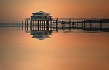 Tea House On The Pier At Sunrise, Timmendorfer Strand, Baltic Sea, Schleswig-Holstein, Germany, Europe