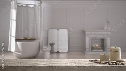 Wooden Vintage Table Top Or Shelf With Candles And Pebbles Zen