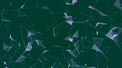 Poster - Machine learning. Blue lines, green dots, pink triangles. Plexus Business cinematographic background. Dark green background. Place for text. Seamless loop.