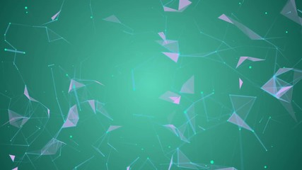 Poster - Machine learning. Blue lines, green dots, pink triangles. Plexus Business cinematographic background. Green background . Place for text. Seamless loop.