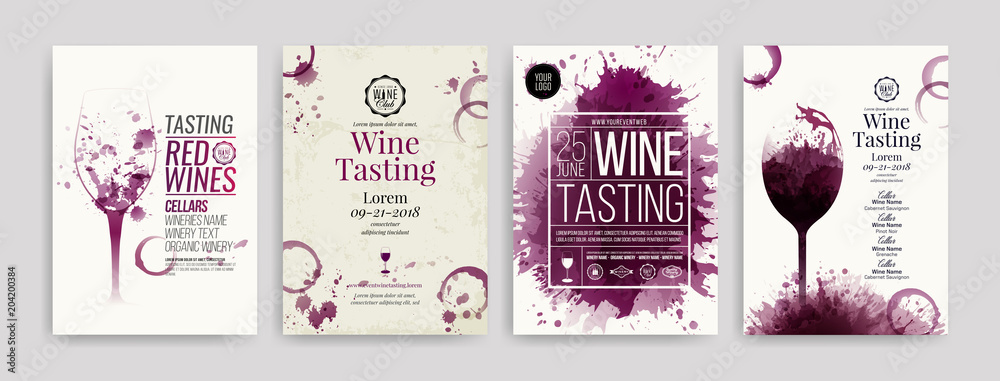 Collection of templates with wine designs. Brochures, posters, invitation cards, promotion banners, menus. Wine stains background. - obrazy, fototapety, plakaty 