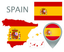 Colorful Flag, Map Pointer And Map Of Spain In The Colors Of The Spanish Flag. High Detail. Vector Illustration